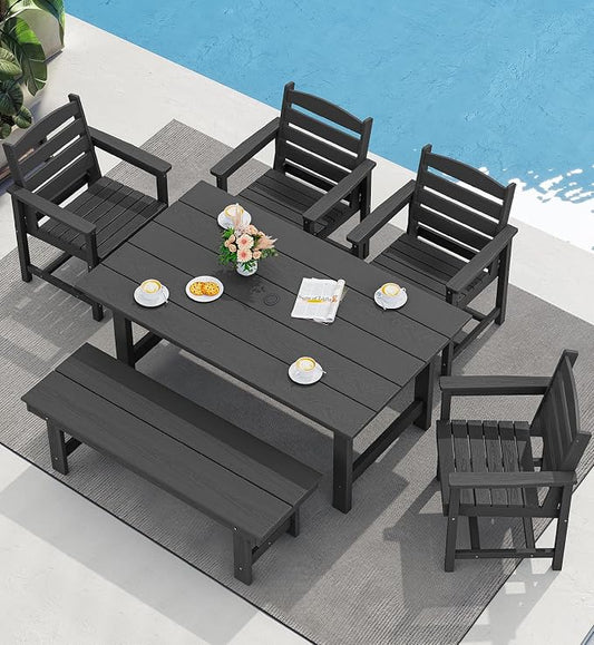 SERWALL 6 Pcs HDPE Dining Set, Includes 1 Table, 1 Bench & 4 Chairs, Black | Outdoor Dining Set with Bench, All-Weather Resistant SERWALL Dining Set for patio