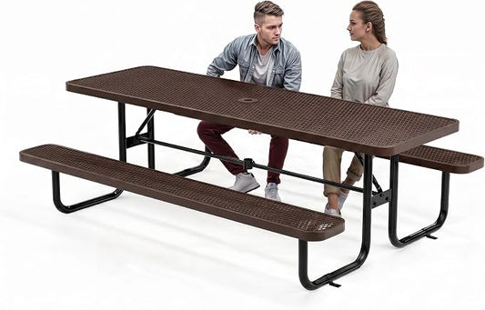 Commercial Heavy-Duty Metal Picnic Table - ADA Compliant, Adjustable Seats, Umbrella Hole, Expanded Metal (Dark Brown, 8' Rectangular)