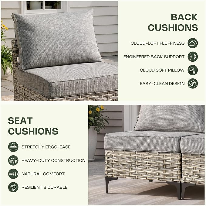 8 Pieces Patio Furniture Set, Outdoor Conversation Set with 360° Swivel Rocker Chairs, Wicker Sectional Sofa & Solar Powered Lighted Table, High Back Outdoor Furniture for Backyard Porch, Dark Gray