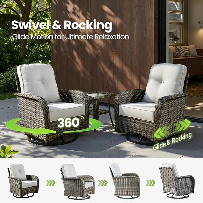 7 Piece Patio Furniture Set with Firepit Swivel Chair, Gray | High Back Swivel Rocker Chairs, Deep Seat Sofa Ottoman, Fire Pit Table, Outdoor Conversation Sets for Porch Deck Backyard
