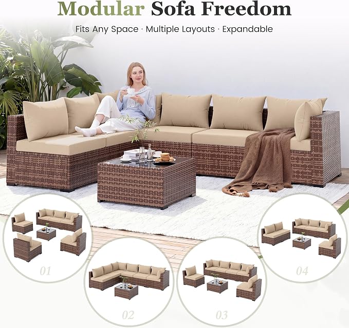 Amopatio Outdoor Patio Furniture Set 7 Pieces Patio Conversation Set Sectional Couch Sofa, Glass Table & Thicken Cushion Fits Garden Yard Porch