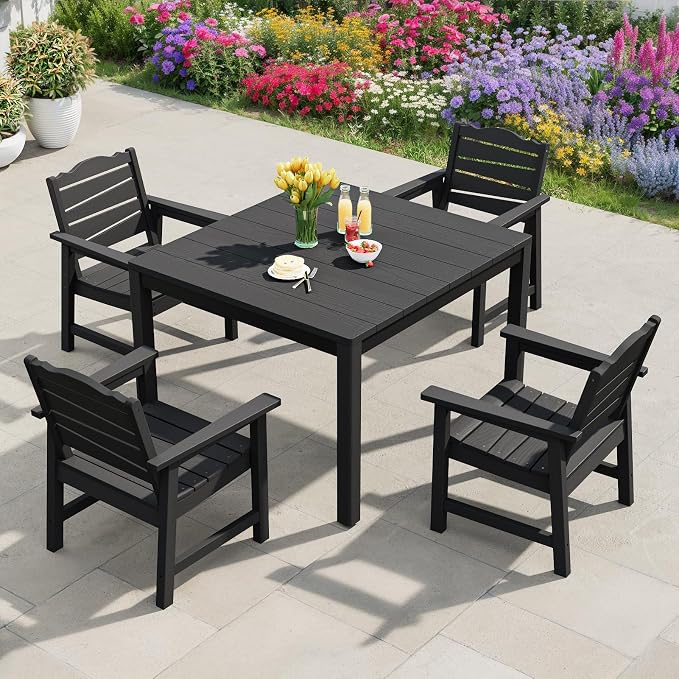 5-Piece Patio Dining Set, Outdoor Dining Square Table w/Aluminum Frame and 4 Chairs, Weatherproof HIPS Dining Furniture with Umbrella Hole, for Backyard Garden Deck Poolside, Black