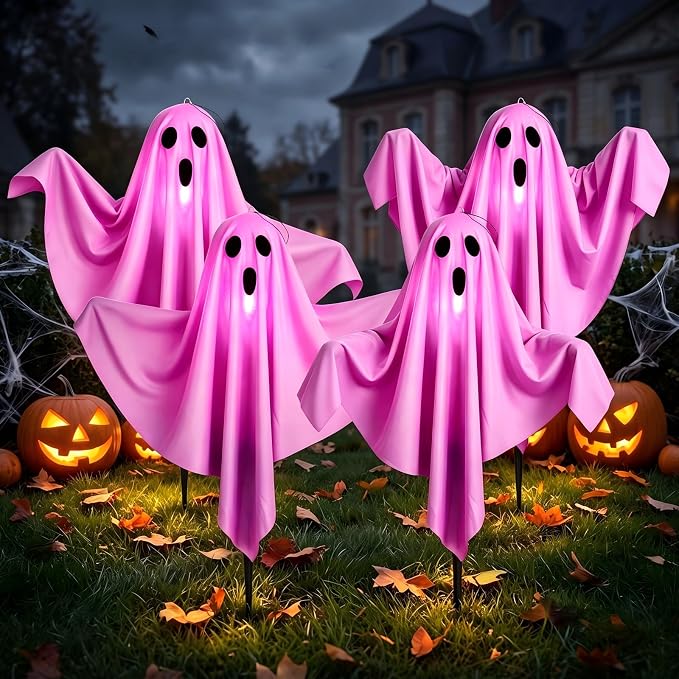 11.5FT Halloween Ghost Pathway Lights Outdoor, 4 Pack Purple Walkway lights | Shatterproof, Waterproof, Plug in and Hanging Ghost lights, Halloween Decorations Outdoor for Lawn Driveway Garden Yard Decor