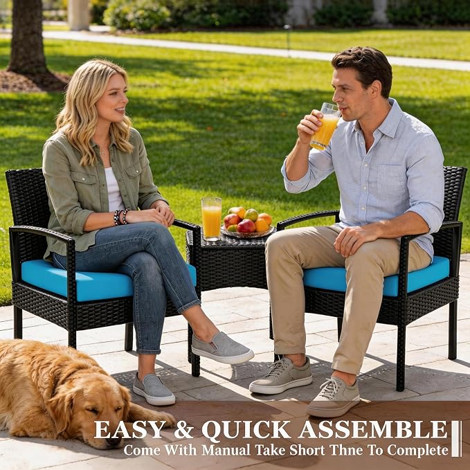 PROHIKER Patio Porch Furniture Set, 3 PCS Outdoor Patio Furniture with Rattan Chairs, Table, Blue Cushions for Garden Porch Balcony Yard