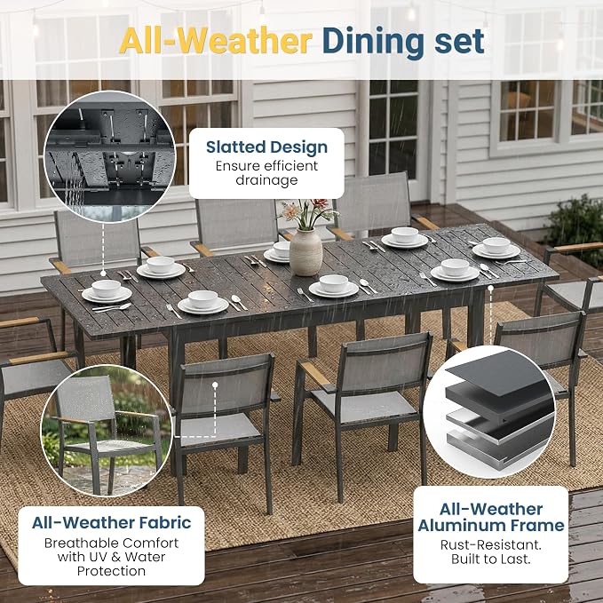 RoyalCraft Aluminum Outdoor Patio Table and Chairs Set with 91.7" L-62 L Expandable Dining Table, 9-Pieces Patio Furniture Set for 8, Outdoor Dining Set with Stackable Quick Drying Chairs, Grey