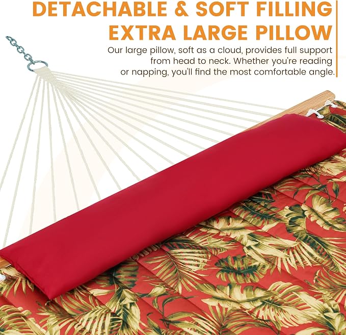 Lazy Daze Hammocks 12FT Quilted Fabric Hammock with Soft Pillow, Double 2 Person Tree Hammock with Spreader Bar for Outside Patio Poolside Backyard Beach, 450 lbs Capacity, Red Leaf
