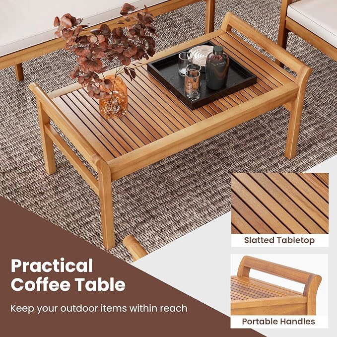 RELAX4LIFE 5-Piece Patio Furniture Set - Acacia Wood Sofa Set w/3-Person Bench, Loveseat, 2 Chairs, Coffee Table & Cushions, Balcony Furniture for Garden Poolside Yard Porch, Outdoor Conversation Set