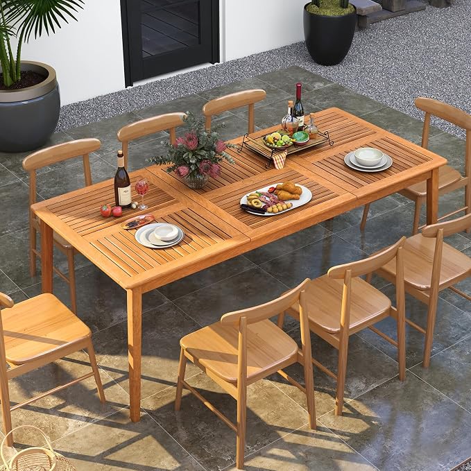HAPPYGRILL Outdoor Acacia Wood Dining Table for 8 People, 79” x 35” Rectangular Patio Bistro Table with Built-in Umbrella Hole, Wooden Picnic Table for Porch, Garden, Backyard, Natural