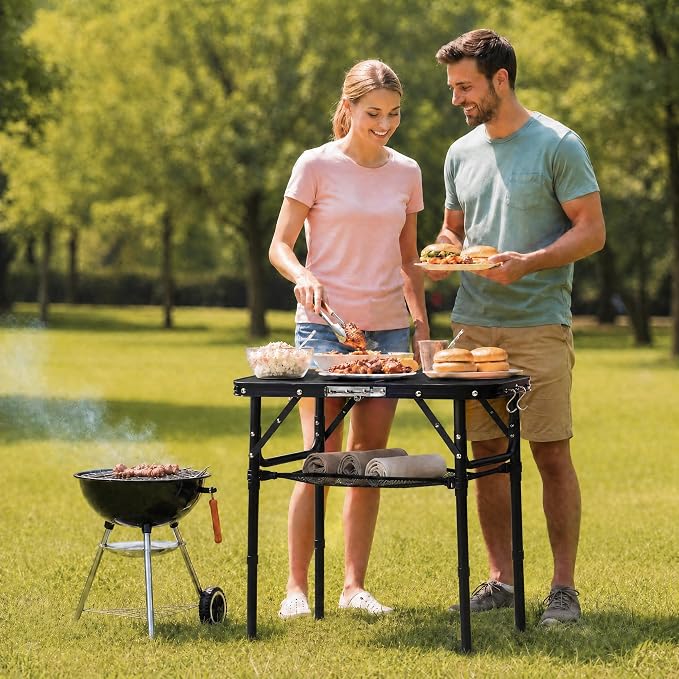 YUFIFAIRY Small Folding Table Portable, 24''L x16''W Foldable Camp Table with 3 Adjustable Height, Indoor Outdoor Lightweight Aluminum for Outdoor Cooking Picnic All Black Table(10"/19"/27.5"