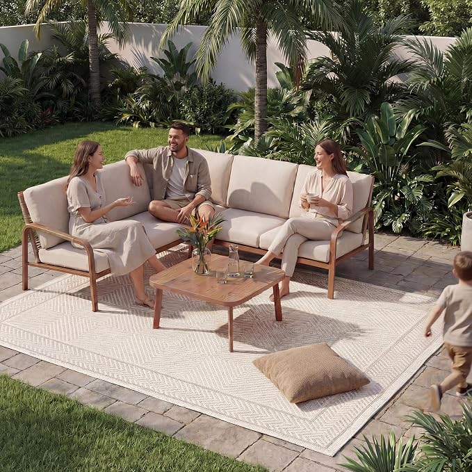Aluminum Outdoor Patio Furniture Set, L-Shaped Corner Sectional Sofa with Coffee Table, Waterproof 4.8" Cushions, Modern Patio Conversation Set for Balcony, Porch & Backyard, Beige