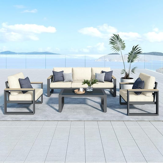 RoyalCraft Aluminum Patio Furniture, 5-Seats Metal Outdoor Furniture Set with Coffee Table, Modern Patio Sofa Sets Outdoor Conversation Set for Pool Garden Porch Backyard, Beige