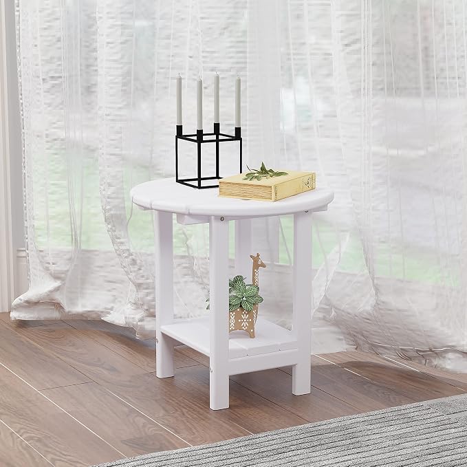 Sundale Outdoor 18" Round Side Table, Patio Water Proof Adirondack Small End Table HDPE Water Resistant 2 Tier Round Outside for Pool, Garden, Beach, White
