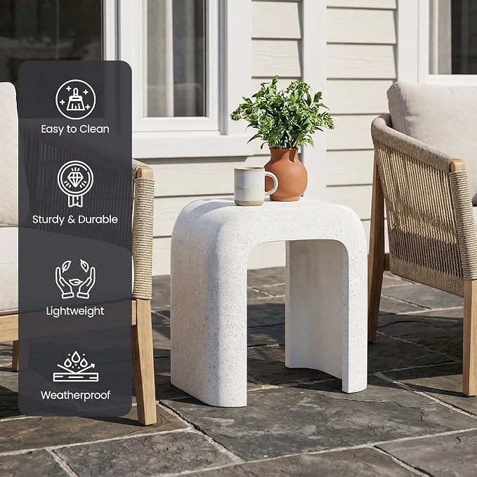 HOMPUS Outdoor Side Table w U-Shaped, Concrete Side Table Lightweight, Round Patio MgO Coffee End Table, Modern Accent Vintage Garden Stand for Indoor Outdoor Use, Spotted White