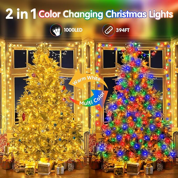 403FT 1000 LED Christmas Lights Outdoor, Color Changing String Lights with 11 Modes and Timer Memory Function for Xmas Tree Wedding Party Holiday Decor (Warm White to Multicolor)