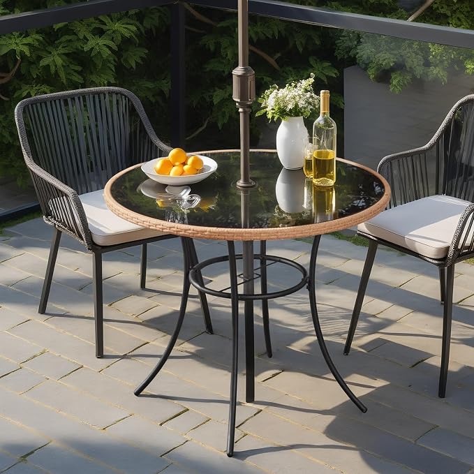 AVAWING 35.6-Inch Round Outdoor Dining Table for 4-6, All-Weather Steel Frame & Glass Tabletop with Umbrella Hole, Patio Furniture for Garden, Backyard, Poolside, Black(Only Table)
