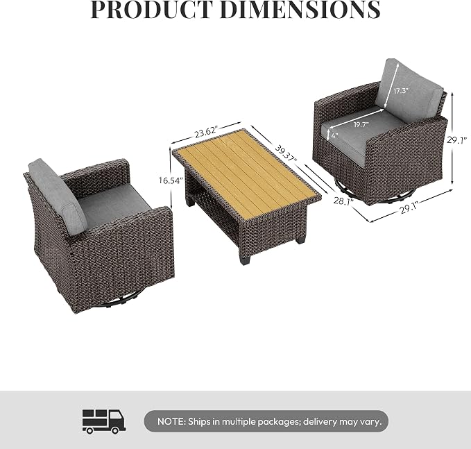 WWR Patio Furniture Set-30% Thicker Wicker-Luxury 3 Piece PatioWicker Outdoor Patio Conversation Set with Extra Wide & Thick Cushions, Swivel Rocking Chairs for Backyard, Porch & Deck