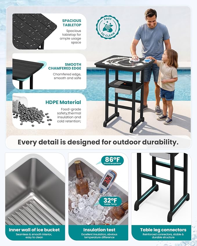 SERWALL Adirondack Bar Chairs and Table 5 Pieces Set, HDPE Bar Height Chairs Set of 2 and Bar Table with Ice Bucket, Outdoor Bar Stools Set for Balcony, Poolside, Backyard, Black
