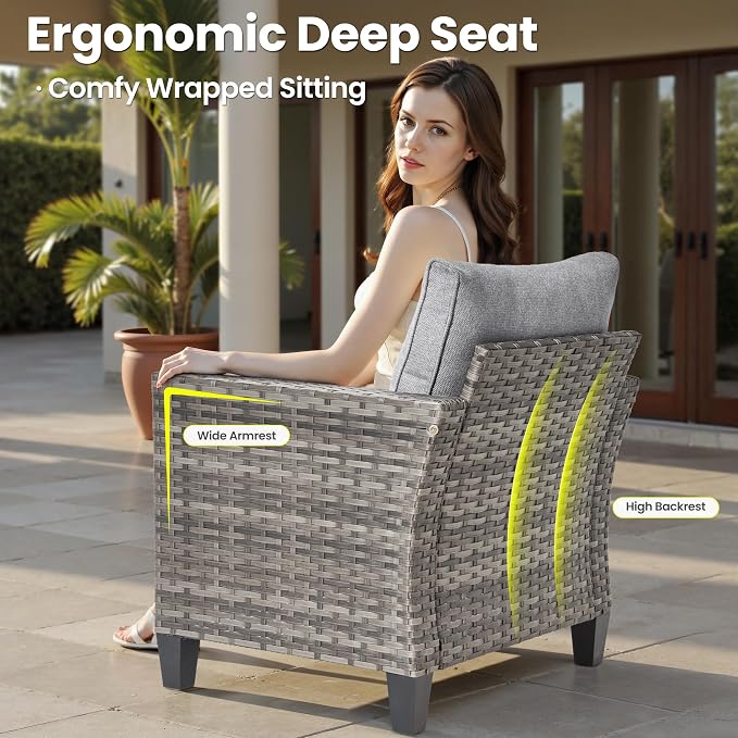 ovios 5 Pieces Patio Furniture Set, Outdoor Wicker Rattan Chairs of 4 with 30" Fire Pit Table, High Back Chair Conversation Sets for Porch Deck Garden, Dark Grey