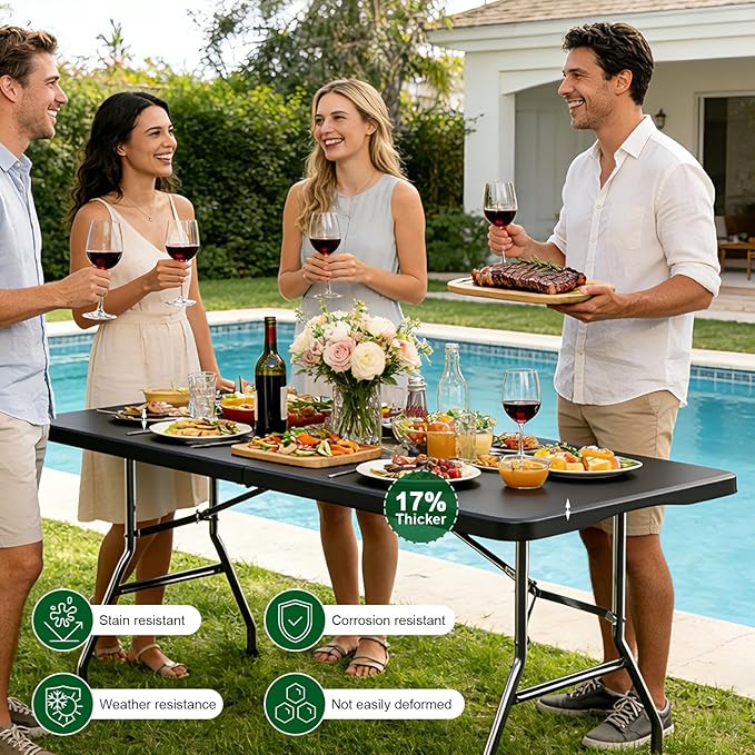 6FT Black Folding Table for Outdoor, 6 Foot Picnic Tables No Assembly Required Portable, Black Foldable Table for Camping, Parties, Meeting, Events, Wedding, BBQ, with Carrying Handle