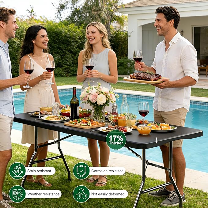 6FT Folding Tables – Heavy Duty Portable Foldable PicnicTable with Built-in Handle, 450 lb Capacity – Ideal for Events, Parties, Crafts, Camping & Dining (4-Pack, Black)