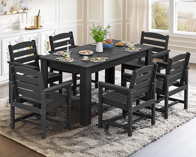 SERWALL 59" HDPE Outdoor Dining Set for 6, w/ 1 Table & 6 Armchairs, Black | All Weather Resistant HDPE Dining Sets for Patio, Garden, Backyard