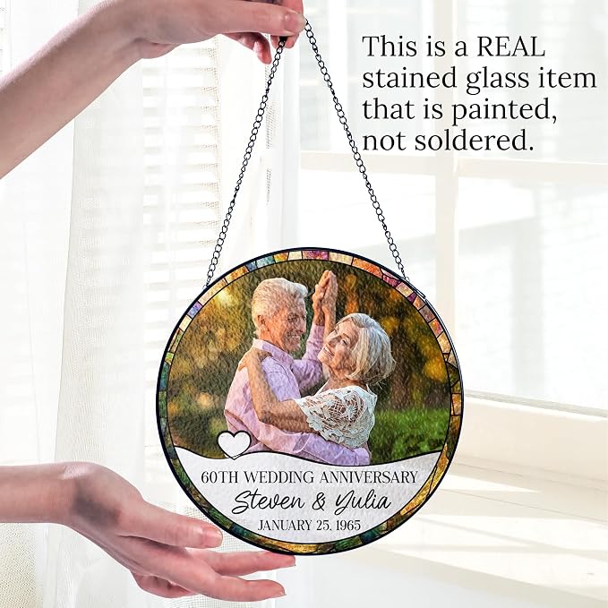 Personalized Wedding Anniversary Photo Stained Glass Window Hanging Suncatcher - Heartfelt Gift for Parents, Grandparents, Old Couple - Custom Message, Name, Date (Wedding Anniversary)
