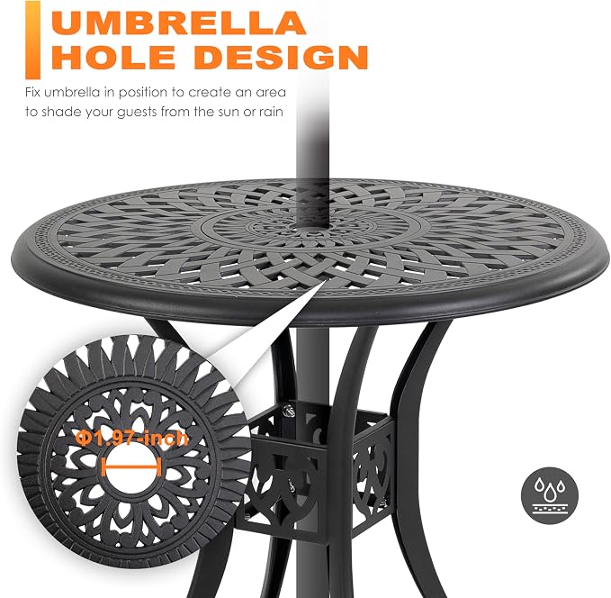 NUU GARDEN 30 Inch Patio Dining Table, Cast Aluminum Round Outdoor Table with Umbrella Hole for Patio, Backyard, Deck Black