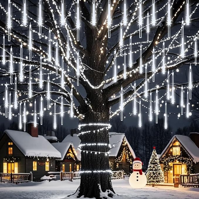 Weepong Christmas Lights Outdoor UL Certified Meteor Shower Lights 12 Inch 8 Tubes 192 LED Falling Rain Drop Icicle Snow Cascading Light for Xmas Tree Wedding Party Garden Decoration, White