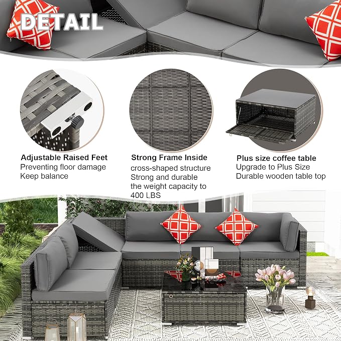 7 Piece Patio Furniture Set with Adjustable Bracket Grey Wicker Rattan Patio Conversation Sets Sectional Sofa Set with Table and Cushions for Porch Lawn Garden, Grey