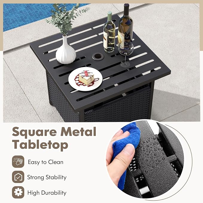 Tangkula Outdoor Table with Umbrella Hole, Rattan Umbrella Stand Table, Wicker Outside Side Table with Steel Metal Frame, Patio Bistro Table for Deck Garden Pool Yard, 22 x 22 x 18.5 Inch (Black)