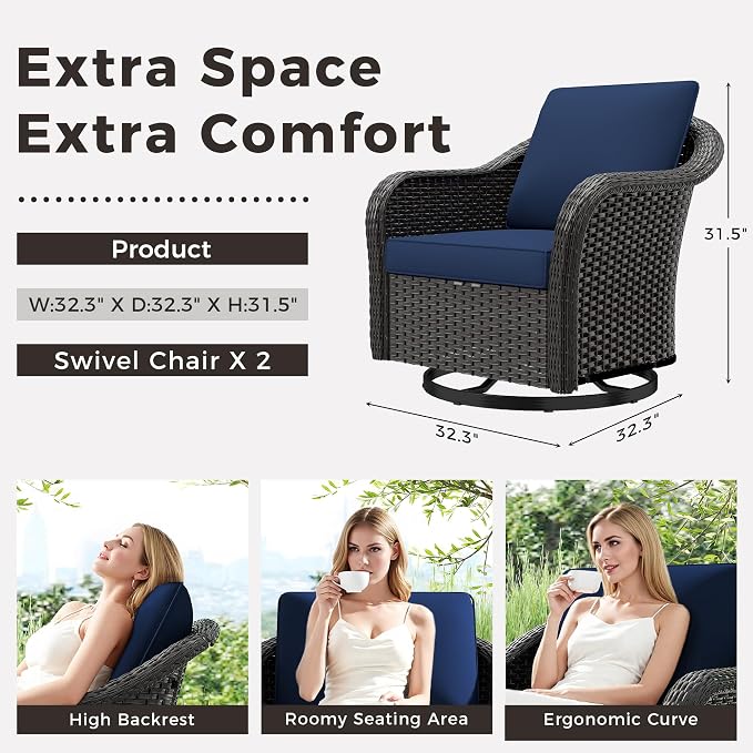 Outdoor Wicker 360 Degree Swivel Glider Rocker Chairs Set, Patio Conversation Furniture Set with Washable Cushions for Garden, Poolside (Navy Blue)