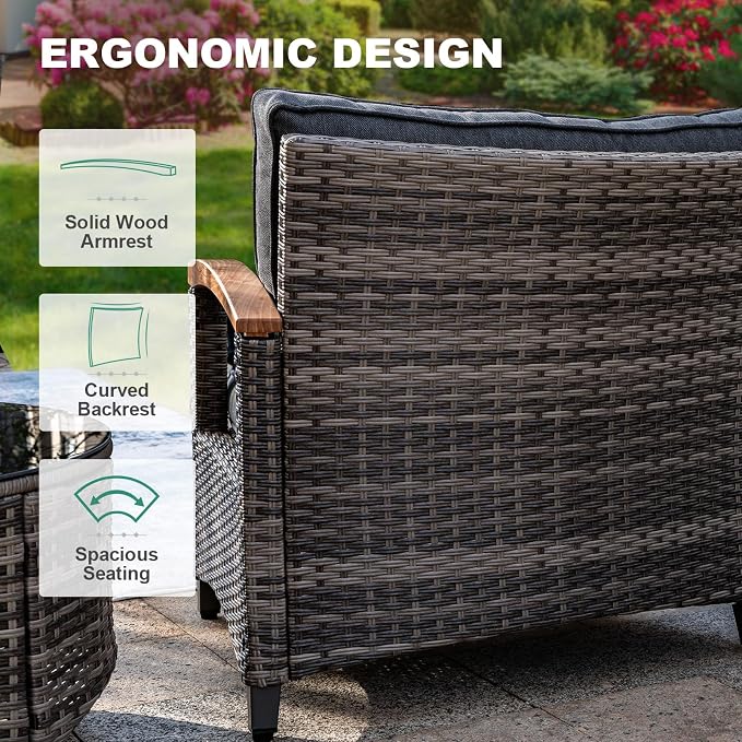 MEISSALIVVE 8 Piece Outdoor Patio Furniture Set, Half-Moon Curved Sectional Set with Wood Armrests, Patio Conversation Set for Porch,Deck,Balcony (Grey)