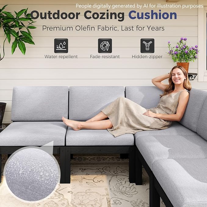 Modular Outdoor Patio Furniture Corner Seat, HIPS All-Weather Outdoor Sectional Sofa with High-Density Thick Cushions, Easy Side Interlock, Patio Seat for Backyard, Balcony, Deck (Black)