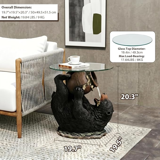 Honey-Drinking Bear Side Table with Waterfall 2-in-1 Resin Sculpture End Table Round Glass Top Indoor Outdoor for Patio, Garden, Living Room