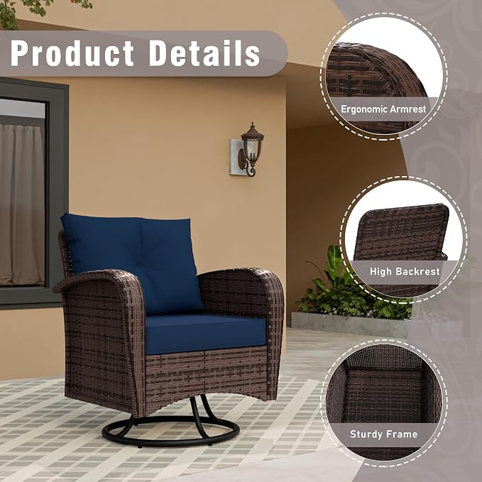 7 Piece Patio Conversation Set – 2 Swivel Rocking Chairs, 2 Coffee Tables & 3-Seater Sofa | PE Wicker Patio Sectional | Heavy-Duty Steel Frame & Weatherproof Cushions, Blue