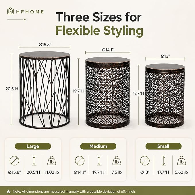 HFHOME Set of 3 Heavy-Duty Round End Table, Side Table, Coffee Table for Indoor Multifunctional Use, Outdoor Decorative Garden Stool Plant Stand-Bronze