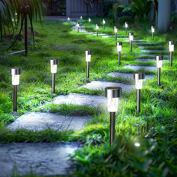 GIGALUMI 24 Pack Solar Lights Outdoor Waterproof,Stainless Steel LED Solar Garden Lights, Outdoor Solar Lights for Yard | Solar Pathway Lights, Solar Garden Lights for Patio, Lawn, Yard and Landscape LED (Cold White)