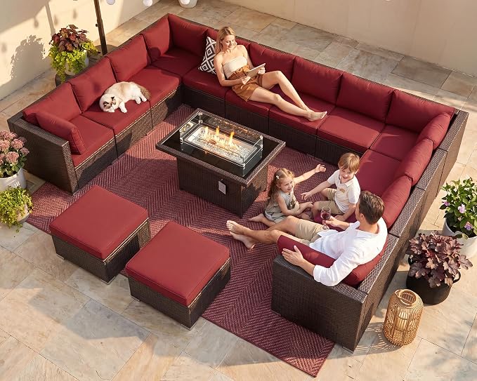 NICESOUL 15 Piece Outdoor Sectional with Fire Pit Table, Modern Luxury Patio Deep Seating w/Firepit, 29.3'' High-Back Wicker Couch Thick, Big High-Weight Capacity Sofa for Garden, Yard, Brown & Red