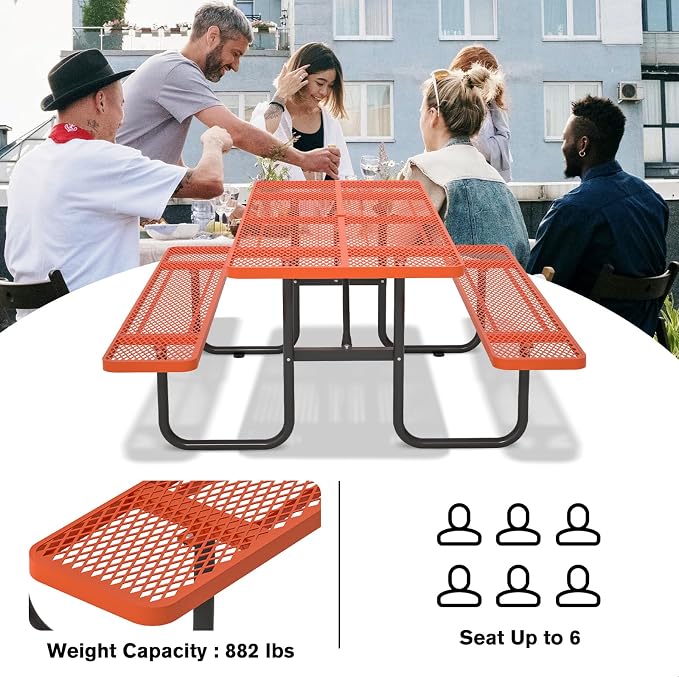 72'' Rectangular Steel Picnic Table for Outdoors,Commercial Metal Picnic Table with Umbrella Hole,Heavy Duty Sturdy Picnic Tables Furniture Set for Patio Garden Courtyard BBQ,Orange