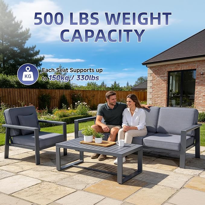 Premium Aluminum Patio Furniture Set 4 Piece,Outdoor Conversation Set with Wide Armrest,5" Thick Cushions, Olefin Fabric,Rustproof Metal Frame,Deep Seating Patio Sofa Set for Backyard,Deck,villa,Gray