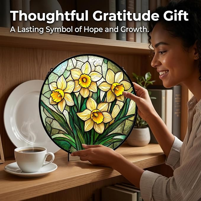 Birthday Gifts for Women - Yellow Daffodils Faux Stained Glass Window Hanging Sun Catcher for Door Garden Acrylic Decor Mother's Day Christmas for Mom Men Nana Grandma Sisters 6.3"