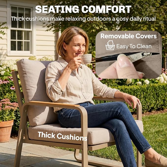 Outsunny 4 Piece Patio Furniture Set, Outdoor Conversation Set with Loveseat, 2 Armchairs, Coffee Table and Cushions, Garden Furniture with Metal Frame for Poolside Porch, Brown