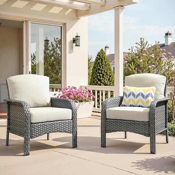 2 PCS Outdoor Patio Furniture Set with Thickened Cushions, All-Weather Rattan Wicker Outdoor Conversation Set for Porch,Backyard,Balcony,Beige
