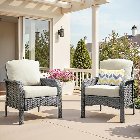 2 PCS Outdoor Patio Furniture Set with Thickened Cushions, All-Weather Rattan Wicker Outdoor Conversation Set for Porch,Backyard,Balcony,Beige