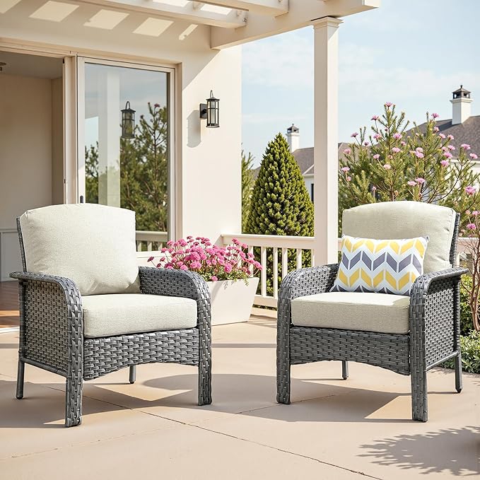 2 PCS Outdoor Patio Furniture Set with Thickened Cushions, All-Weather Rattan Wicker Outdoor Conversation Set for Porch,Backyard,Balcony,Beige