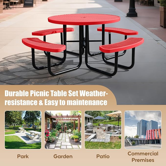 46 Inch Round Outdoor Metal Picnic Table, All-Weather Patio Dining Set for 6-8 Adults, Heavy Duty Steel with Central Umbrella Hole, Perfect for Garden, Backyard, Deck & Small Spaces - Easy Assembly
