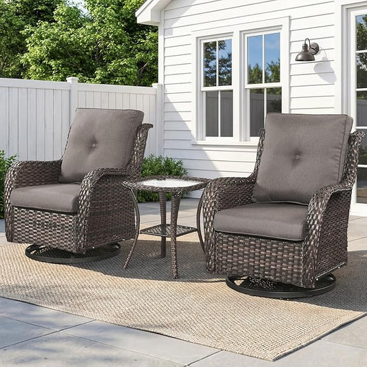 Belord Patio Wicker Chairs Swivel Rocker,Outdoor Patio Furniture Set with Rattan Side Table, All Weather Conversation Set for Porch Poolside Balcony, Brown Wicker/Gray