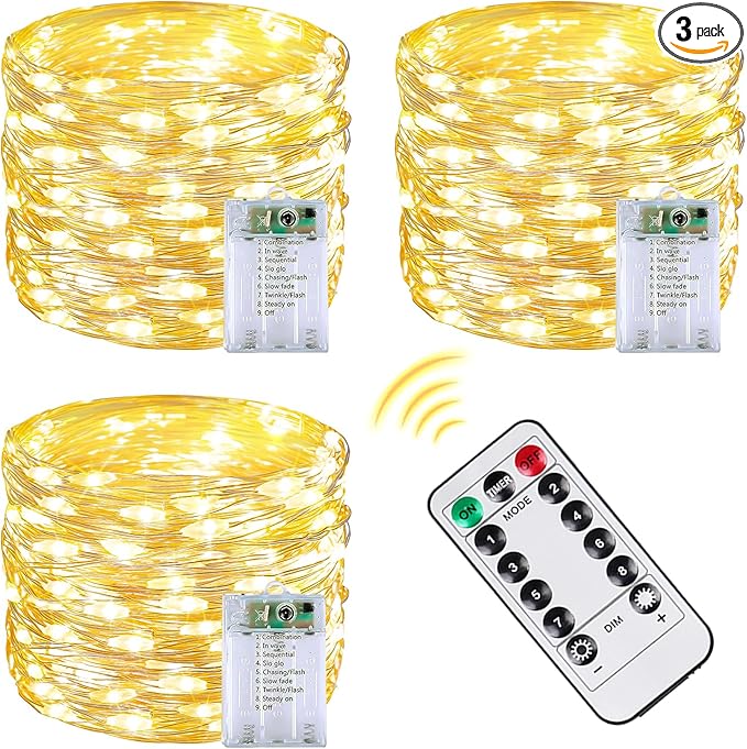 3 Pack 60 LED Fairy Lights Battery Operated with Remote, 20 FT Warm White | Cuttable, 8 Modes, Memory, Dimmable, Waterproof Battery String Lights with Timer for Indoor Outdoor, Christmas Decorations