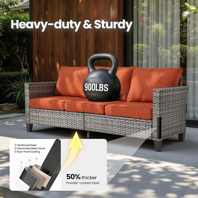 4 Piece Wicker Patio Furniture Set with Solar Table, Orange | Outdoor Deep Seating Sofa Chair, Solar Lights Table, All Weather Rattan, Modern Conversation Set, Porch Deck Backyard