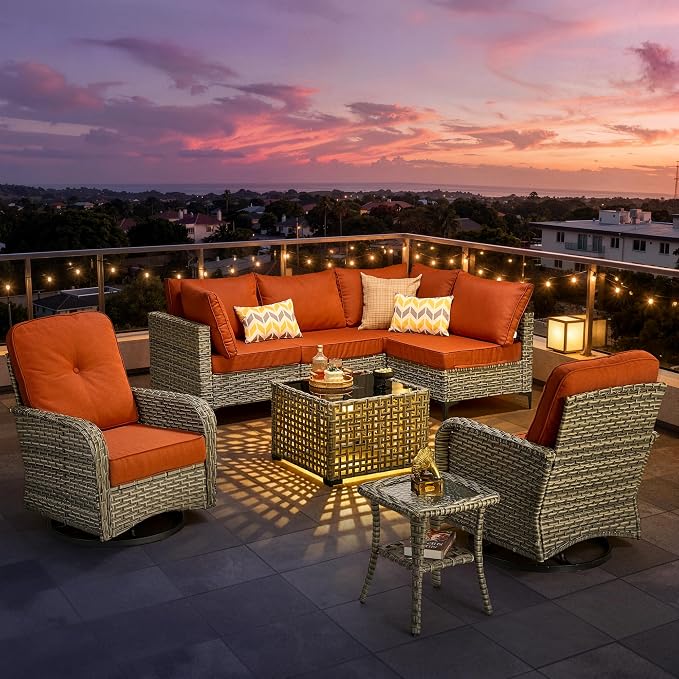 8 Pieces Patio Furniture Set, Outdoor Conversation Set with 360° Swivel Rocker Chairs, Wicker Sectional Sofa & Solar Powered Lighted Table, High Back Outdoor Furniture for Backyard Porch, Orange